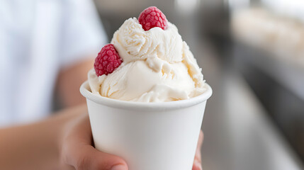 Scoops of ice cream are topped with fresh raspberries in a white cup, held up by a person in front of a blurry background. Dessert time!