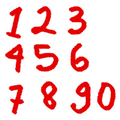 Red handwritten numerical digits from zero to nine, displayed against a white background.