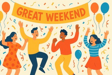 Great Weekend celebration illustration with diverse people dancing under festive banner, balloons, and confetti