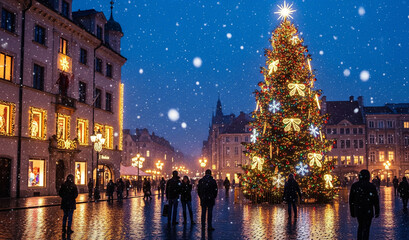 Fototapeta premium night view of the old town square with christmas tree