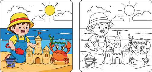 Fototapeta premium a child building a sandcastle with a crab at the beach