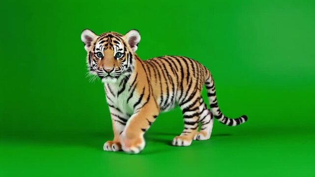 A tiger cub standing on a green background looking forward with a curious and playful expression animal green screen video