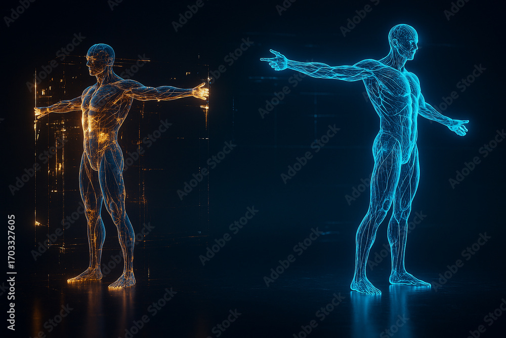 Poster ai generated sci fi digital art of glowing human holograms in blue and orange standing in t pose sym