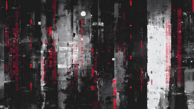 Dark cyber glitch wall, grayscale with crimson accents, vertical panels and scanlines