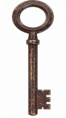 Vintage Iron Skeleton Key with Intricate Rust Details on White Background