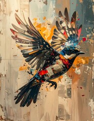 Colorful bird in flight against a textured backdrop