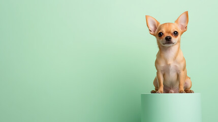 Small, adorable dog on display. The background is a solid light green. The dog looks like a puppy due to its small stature and large ears.