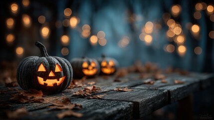 Glowing Jack-o'-Lanterns on Rustic Table with Bokeh