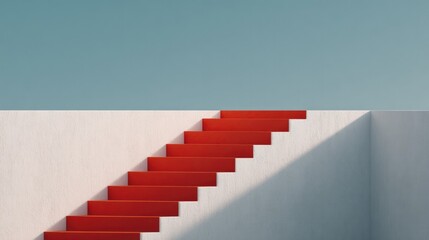 Bold red stairs ascend against minimalist backdrop, creating str