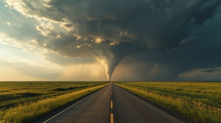 Dramatic tornado forming over an open road in a vast green landscape under a stormy sky