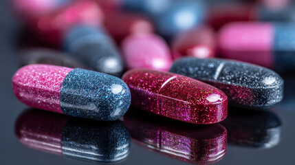 scattered tablets, purple-blue palette, reflection on polished surface