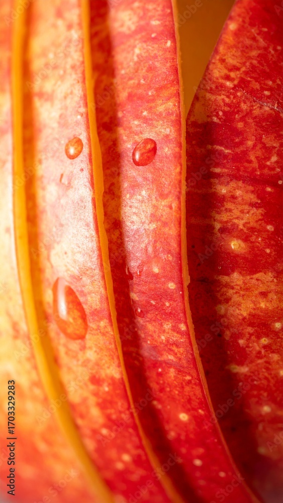 Poster close up slices of red apple with water droplets on a light background in macro