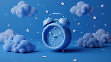 Blue Alarm Clock with Clouds, Moon and Stars