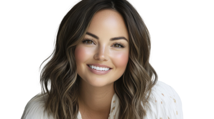 Smiling young woman with wavy hair and natural makeup wearing white blouse against a neutral background, exuding confidence and warmth in a portrait setting