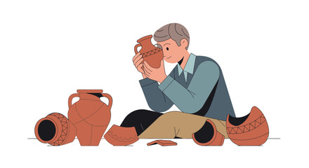 An archaeologist carefully examines a reconstructed ancient pottery vase, surrounded by other broken fragments.