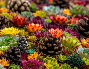 Colorful succulent garden with pinecones