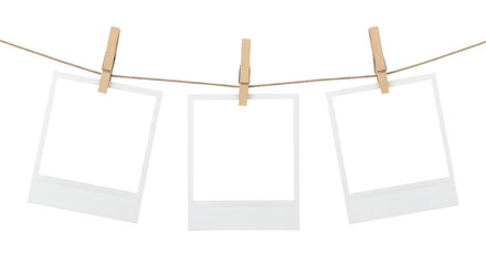 Blank Instant Photo Frames on Twine Clothesline with Clothespins. Polaroid PNG. Clipping path.