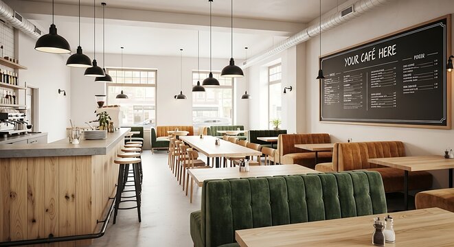 Cafe Interior with Booths Tables and Menu Board