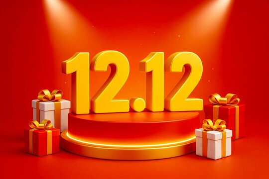 shopping online festival style numbers 12.12 on glowing podium, gift boxes and spotlight