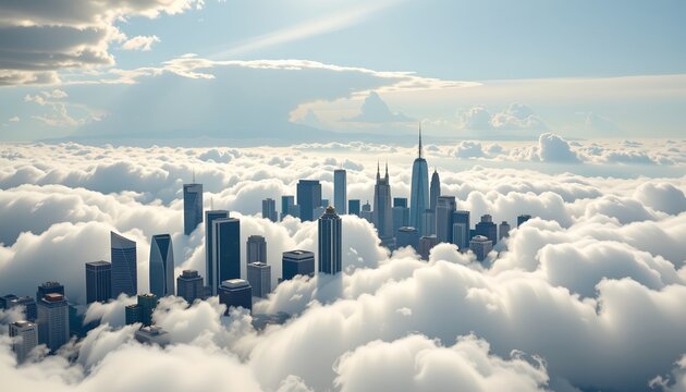 Floating Skycity Amid Clouds with Modern Skyscrapers