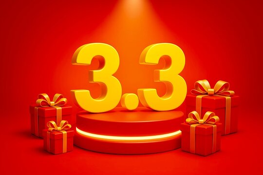 shopping online festival style numbers 3.3 on glowing podium, gift boxes and spotlight