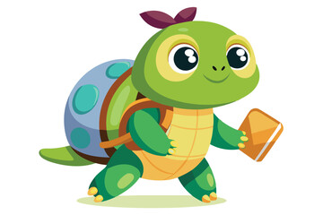 Cheerful green turtle with backpack carries an orange book or letter, ready for school