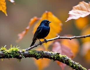Fototapeta premium Elegant Bird Mosscovered Branch Tranquil Woodland