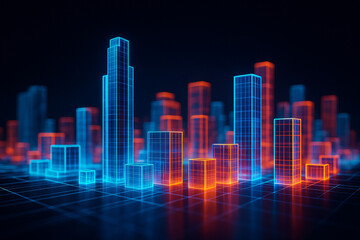 Obraz premium AI generated digital art of a glowing holographic city with neon blue and orange skyscrapers symbolizing futuristic architecture smart city design technology and innovation in urban life