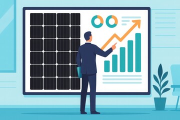 Business presentation illustration with man pointing at solar panels and colorful growth charts
