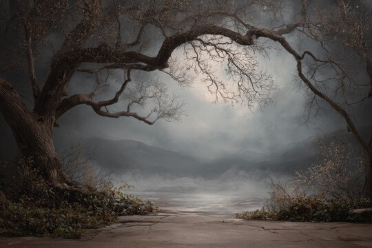 Serene landscape with a mystical lake under a moonlit sky, framed by a gnarled tree and misty mountains