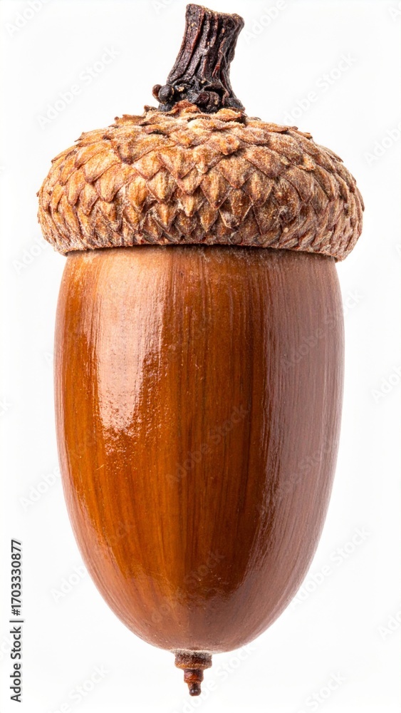 Aufkleber isolated acorn with brown cap and smooth shell on a white background in sharp focus