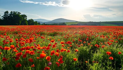 Obraz premium Vast field of vibrant red poppies under a bright sun, with rolling green hills and mountains in the distance