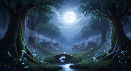 Fototapeta premium Enchanted Moonlight Village in Mystical Forest.