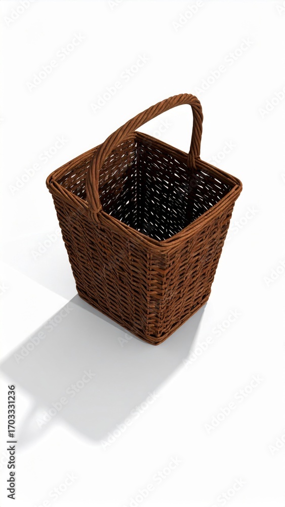 Poster elevated view of square brown wicker basket on white background with shadow
