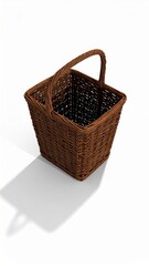 Elevated View of Square Brown Wicker Basket on White Background with Shadow