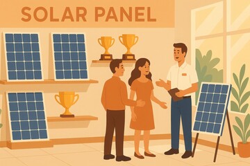 Solar panel showroom illustration with diverse people, tablet presentation, trophies, and renewable energy