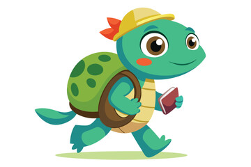 Cartoon turtle with yellow hat happily trots with a book under its arm