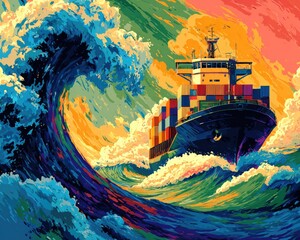 Colorful Pixel Art Container Ship In Stormy Ocean