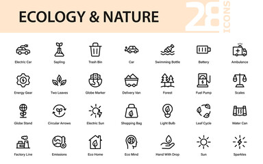 Professional ecology and nature line icon collection with modern, minimal, and clean vector graphics for nature, wildlife, and global sustainability