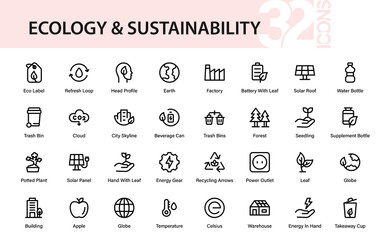 Professional ecology and sustainability line icon pack featuring modern, clean, and minimal outline vector graphics for global sustainability and nature care
