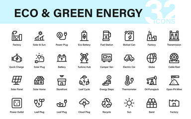 Eco and Green Energy Professional Line Icon Collection. Modern and Creative Vector Set for Sustainable Power and Green Technology