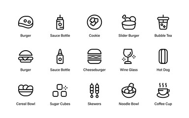 Delicious Food Professional Line Icon Set – Unique modern outline vector pack of burgers, fries, pizza, hotdog, drinks, and sweet snacks