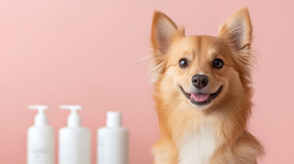 Smiling dog with pet care products. Happy canine companion ready for bath time with shampoo and grooming essentials. A fresh and clean furry friend!