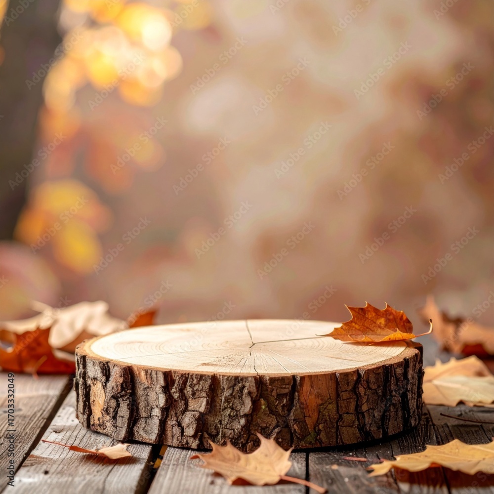 Poster autumnal display of wooden stump on rustic table with falling leaves and bokeh background