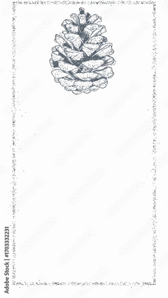 Poster single pinecone in a rectangular border with small dotted details on white background