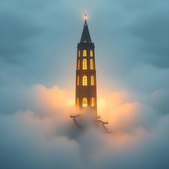 Clouds swirling around an oversized clock tower, merging time and nature.