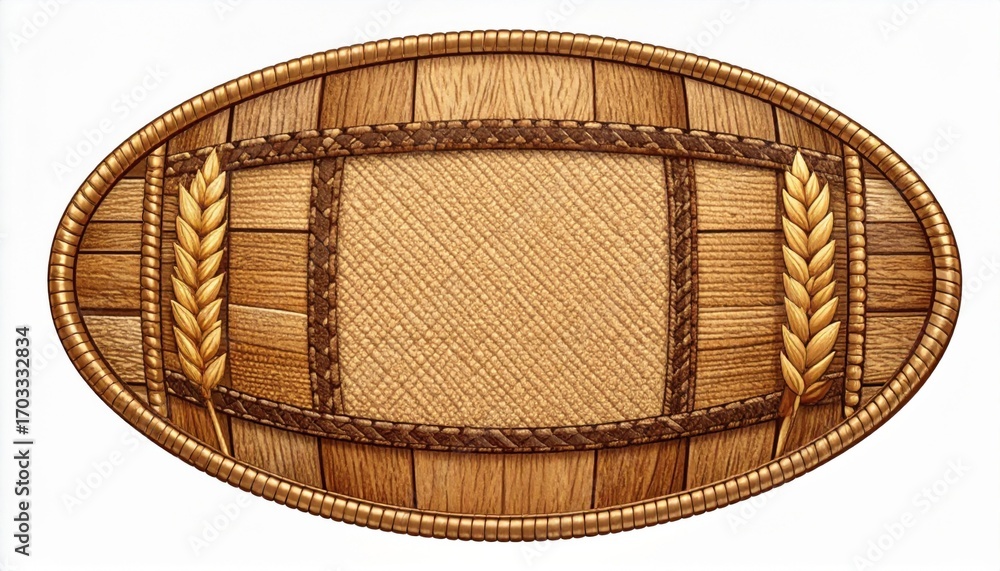 Poster oval wooden frame with wheat and textural weave pattern background element