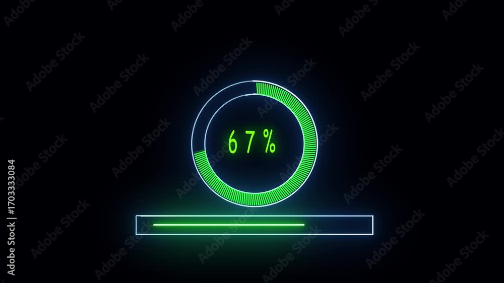 Poster animated neon loading progress bar circle green blue futuristic hud interface digital seamless loop.