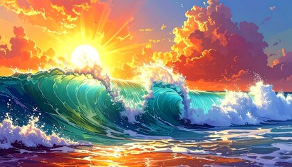 Vibrant sunset over crashing waves