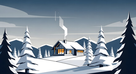 A serene vector illustration of a warm and inviting cabin glowing amidst a peaceful, snowy mountain forest at dusk